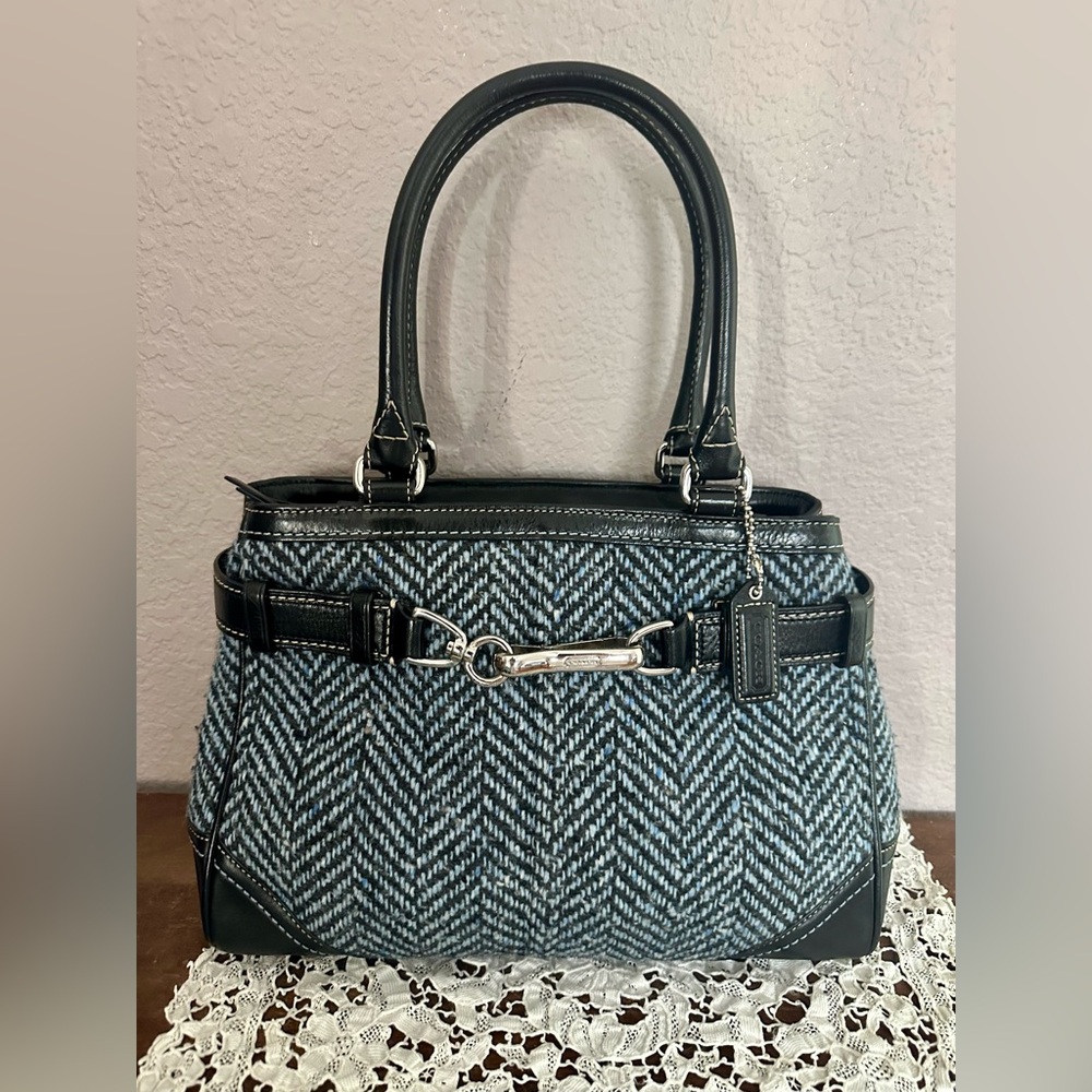 Y2K Coach Hampton Herringbone Carryall Satchel Tweed Black & Blue F11215